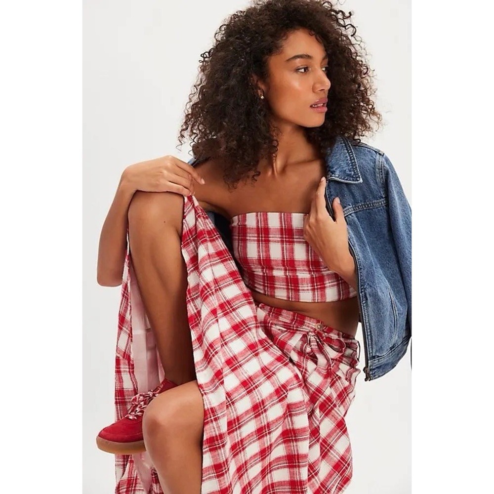 NWT Free People Gingham Plaid Strapless Top High Rise Maxi 2pc Outfit Small/S - Picture 3 of 11